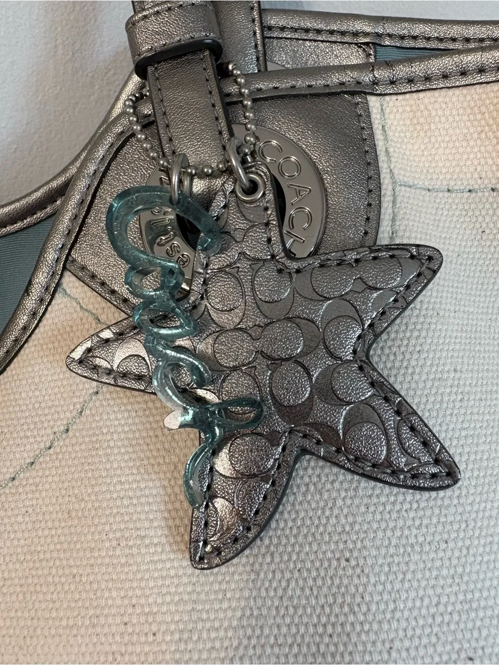 Coach RARE Vintage Starfish Beach Tote Bag Canvas Silver Metallic F19212